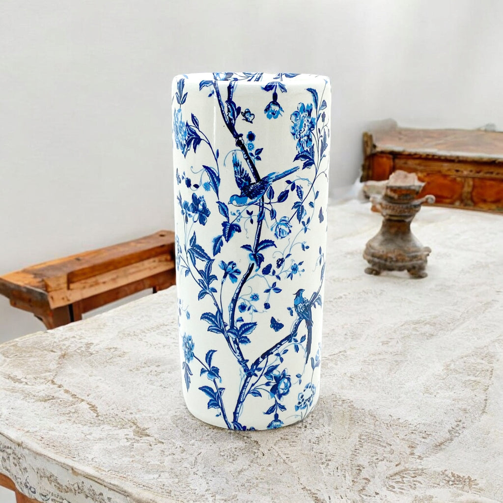 Classic Umbrella Stand Ceramic Round Tall Blue And White Pattern Design