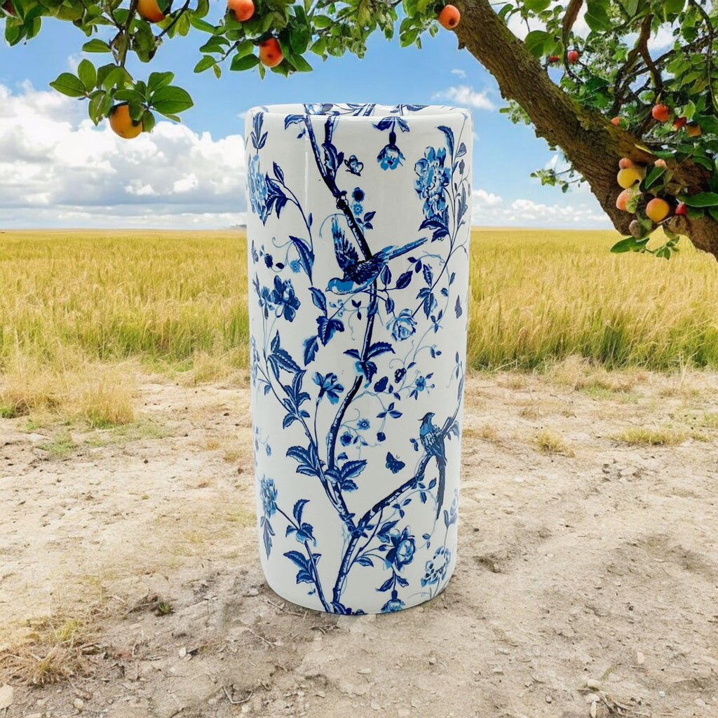 Classic Umbrella Stand Ceramic Round Tall Blue And White Pattern Design