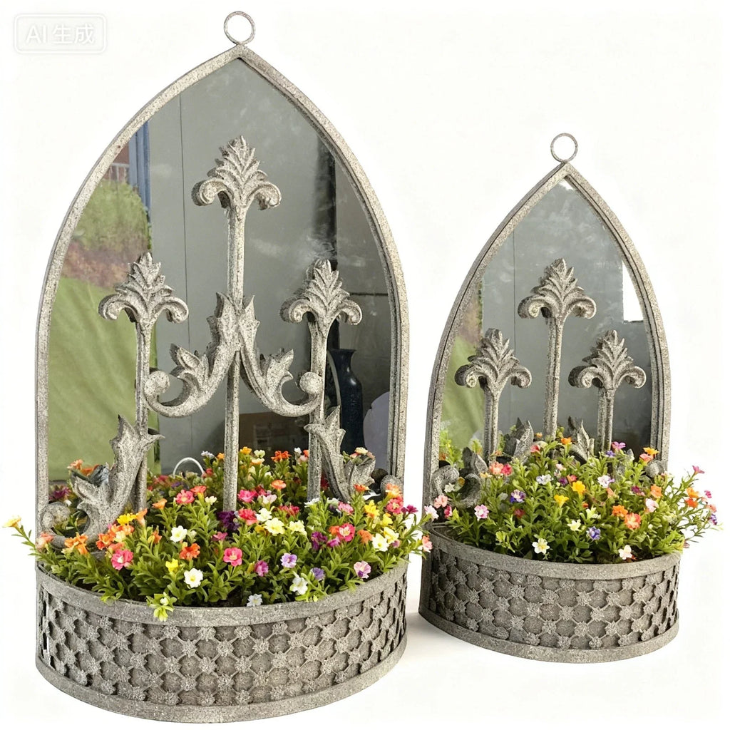 Set 2 Rusty Metal Wall Mirror Planter Plant Holder Vintage Style 62cm 52cm