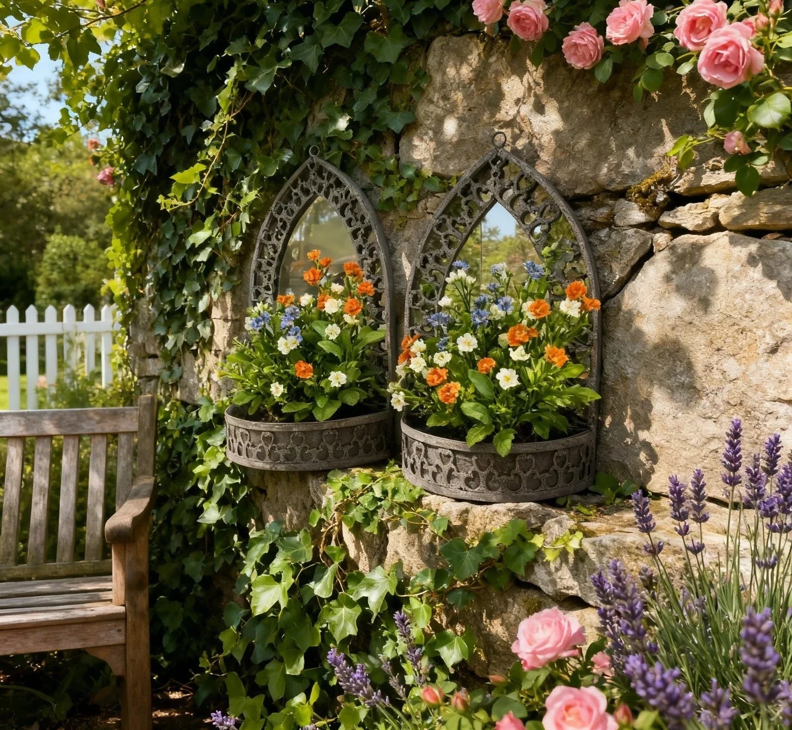 Set 2 Rusty Metal Wall Mirror Planter Plant Holder Vintage Style 70cm 62cm
