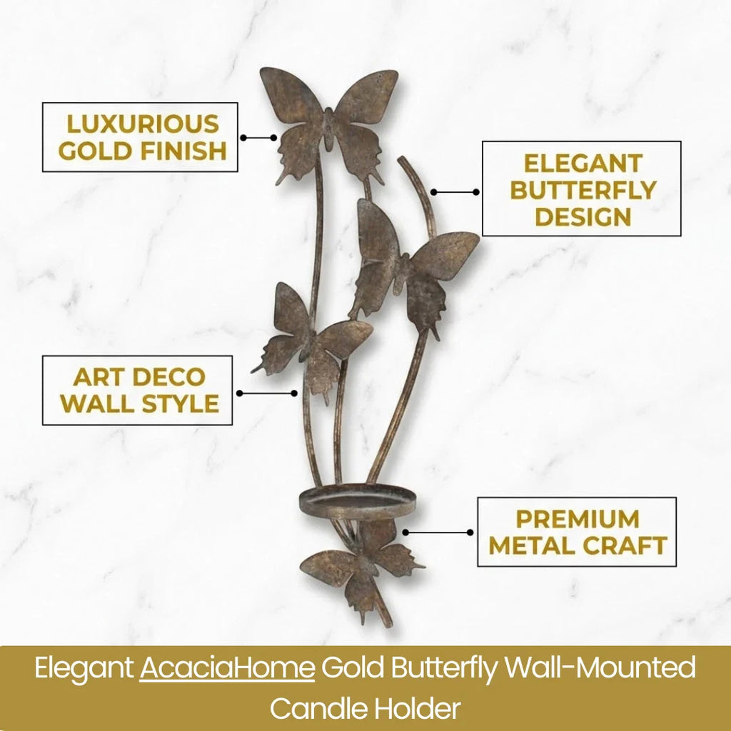 Butterfly Candle Holder Gold Wall Mounted Metal Home Art Deco Gift 45cm