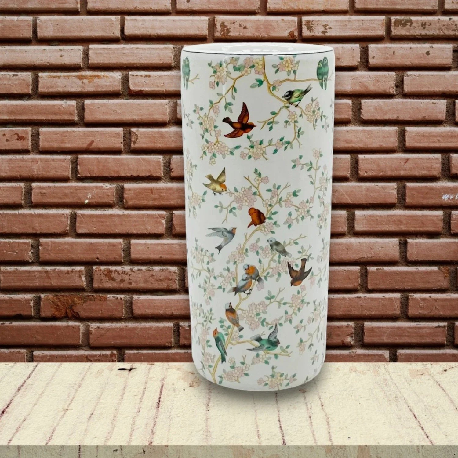 Ceramic Umbrella Stand Bird Print Design Round Office, Home Decor Classic