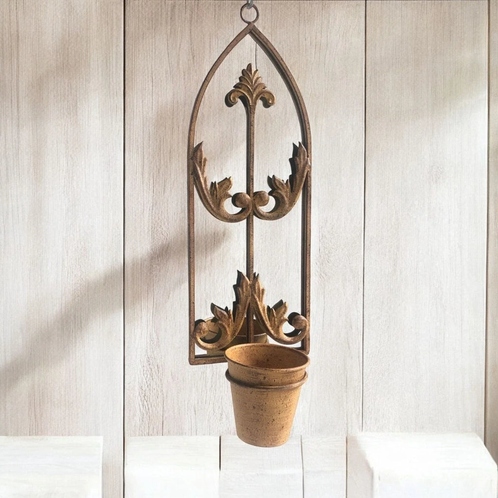 Arched Garden Wall Mirror with Planter Flower Pot Rusty Metal Rustic Outdoor Use