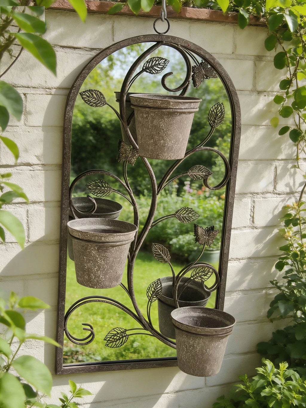 Rusty Metal Wall Mirror With Triple Planter Plant Pots Holder Vintage Style 70cm