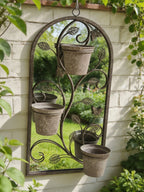 Rusty Metal Wall Mirror With Triple Planter Plant Pots Holder Vintage Style 70cm