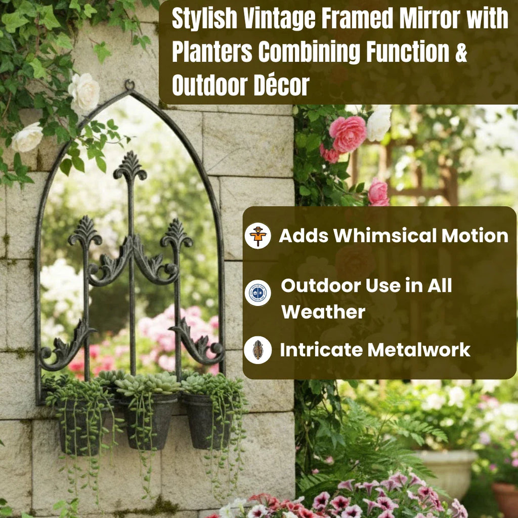 Rusty Metal Wall Mirror With Triple Planter Plant Pots Holder Vintage Style 70cm
