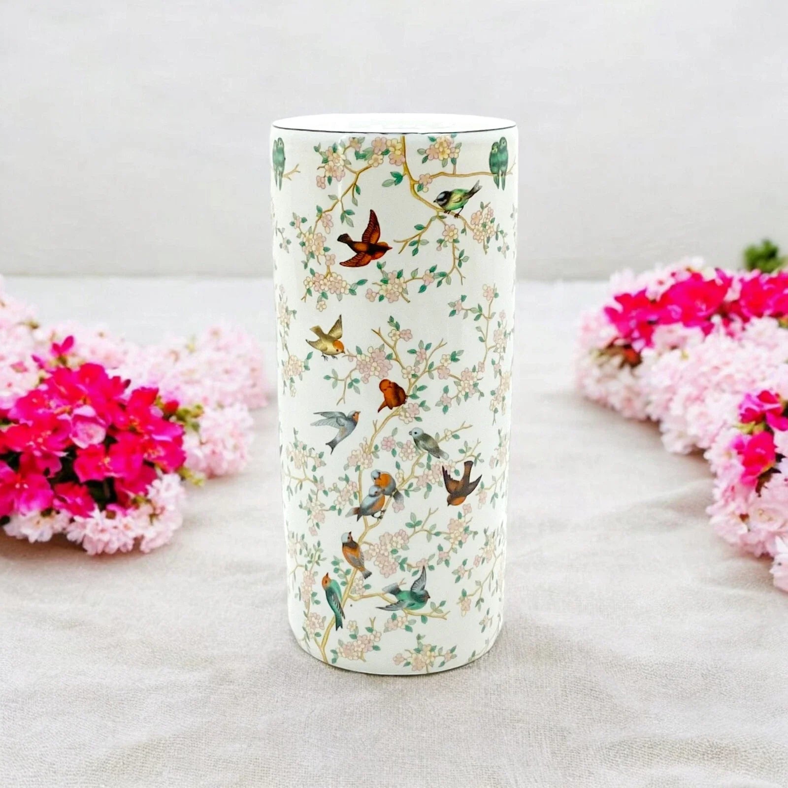 Ceramic Umbrella Stand Bird Print Design Round Office, Home Decor Classic