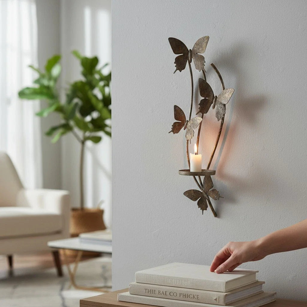 Butterfly Candle Holder Gold Wall Mounted Metal Home Art Deco Gift 45cm