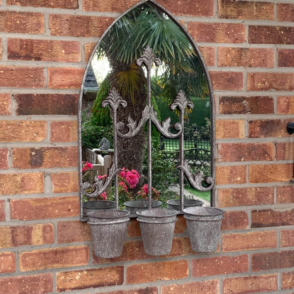 Rusty Metal Wall Mirror With Triple Planter Plant Pots Holder Vintage Style 70cm