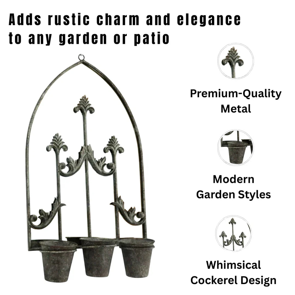 Rusty Metal Wall Mirror With Triple Planter Plant Pots Holder Vintage Style 70cm
