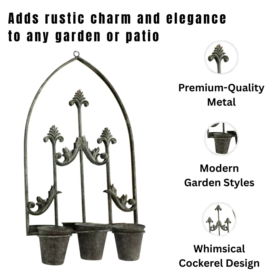 Rusty Metal Wall Mirror With Triple Planter Plant Pots Holder Vintage Style 70cm