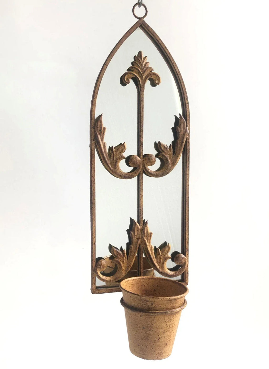 Arched Garden Wall Mirror with Planter Flower Pot Rusty Metal Rustic Outdoor Use