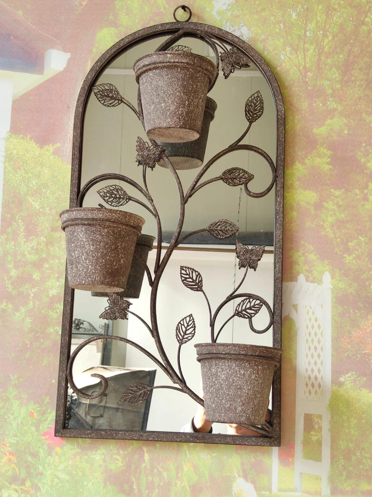 Rusty Metal Wall Mirror With Triple Planter Plant Pots Holder Vintage Style 70cm