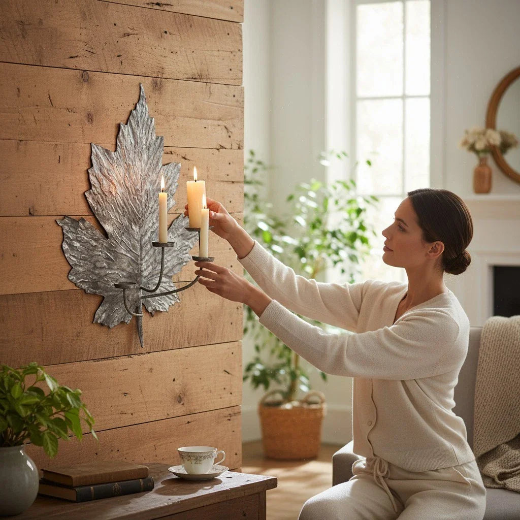 Leaf Design Candle Holder Silver Wall Mounted Metal Home Art Deco Gift 66cm