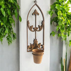 Arched Garden Wall Mirror with Planter Flower Pot Rusty Metal Rustic Outdoor Use