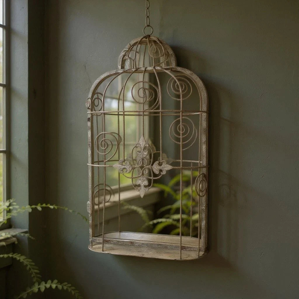 Rusty Grey Patina Metal Wall Mirror Bird Cage Vintage Birdcage Style 73cm