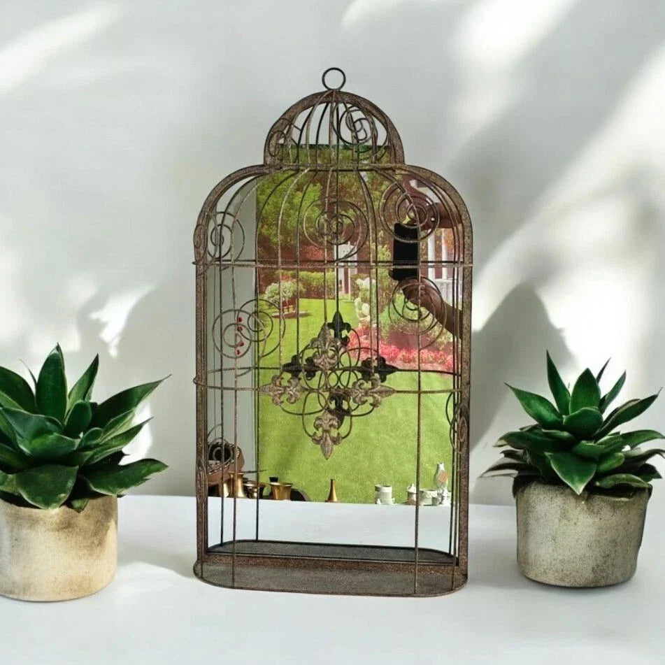 Rusty Grey Patina Metal Wall Mirror Bird Cage Vintage Birdcage Style 73cm