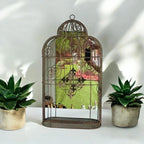 Rusty Grey Patina Metal Wall Mirror Bird Cage Vintage Birdcage Style 73cm