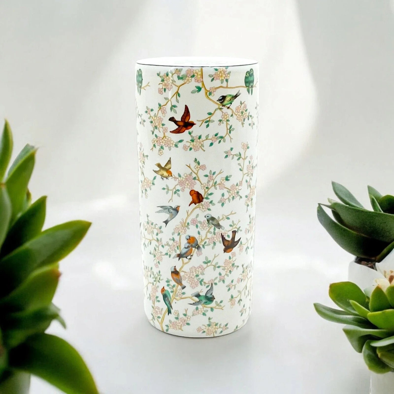 Ceramic Umbrella Stand Bird Print Design Round Office, Home Decor Classic