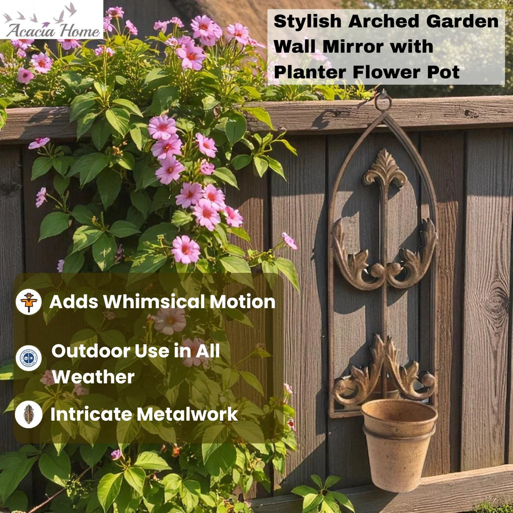 Arched Garden Wall Mirror with Planter Flower Pot Rusty Metal Rustic Outdoor Use