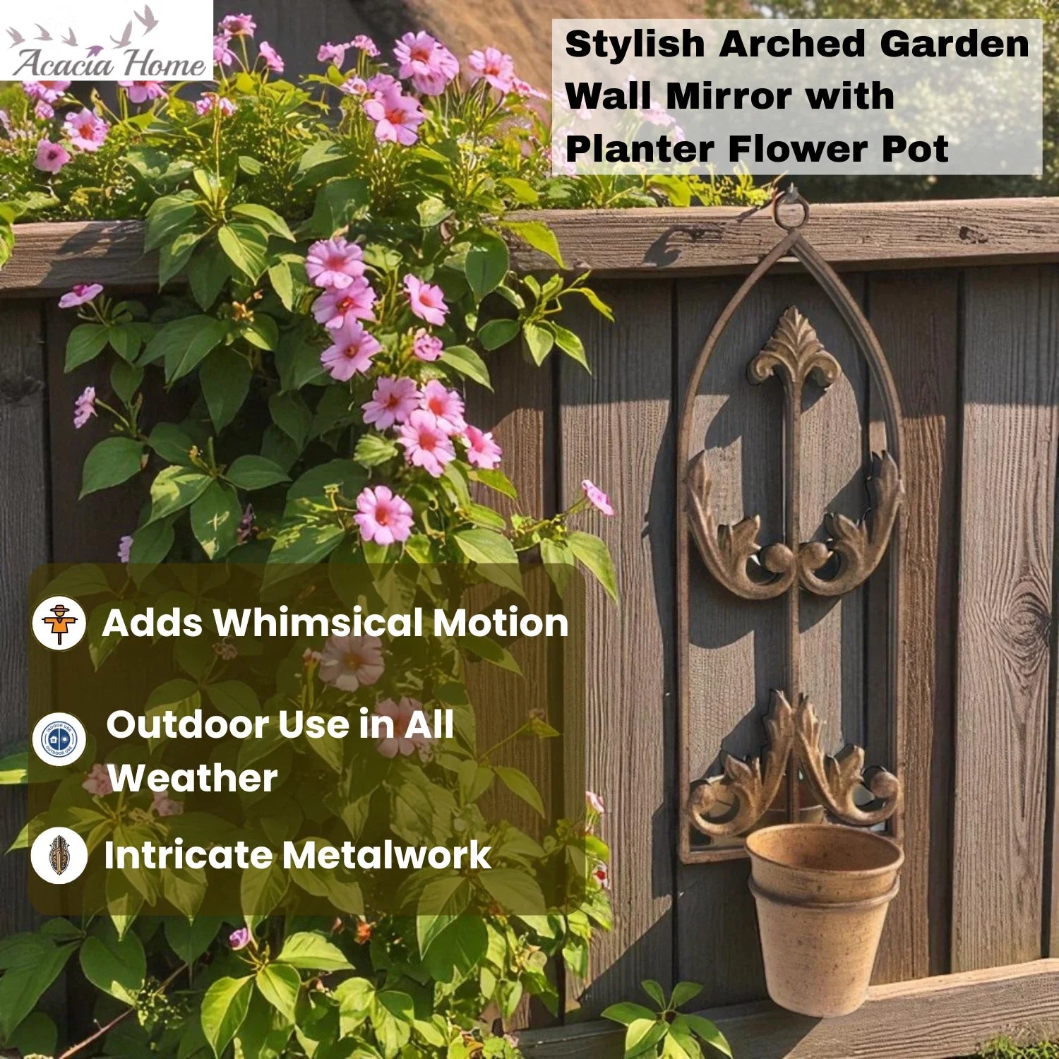 Arched Garden Wall Mirror with Planter Flower Pot Rusty Metal Rustic Outdoor Use