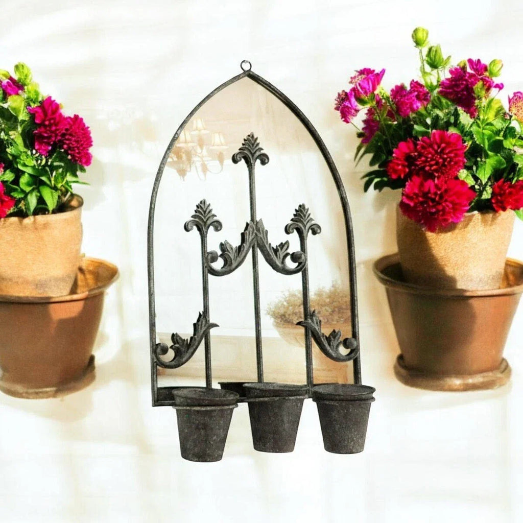 Rusty Metal Wall Mirror With Triple Planter Plant Pots Holder Vintage Style 70cm
