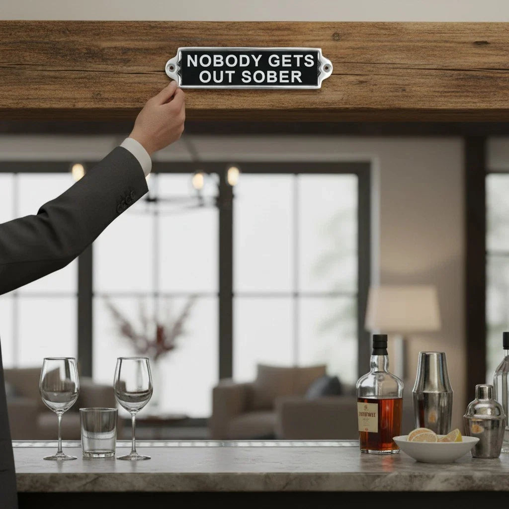 New It's free to sell on eBay Excludes Vehicles and business sellers Sell one like this Sell something else  Share Nobody Gets Out Sober Aluminium Door Sign . Birthday Gift Wall Signs Humour