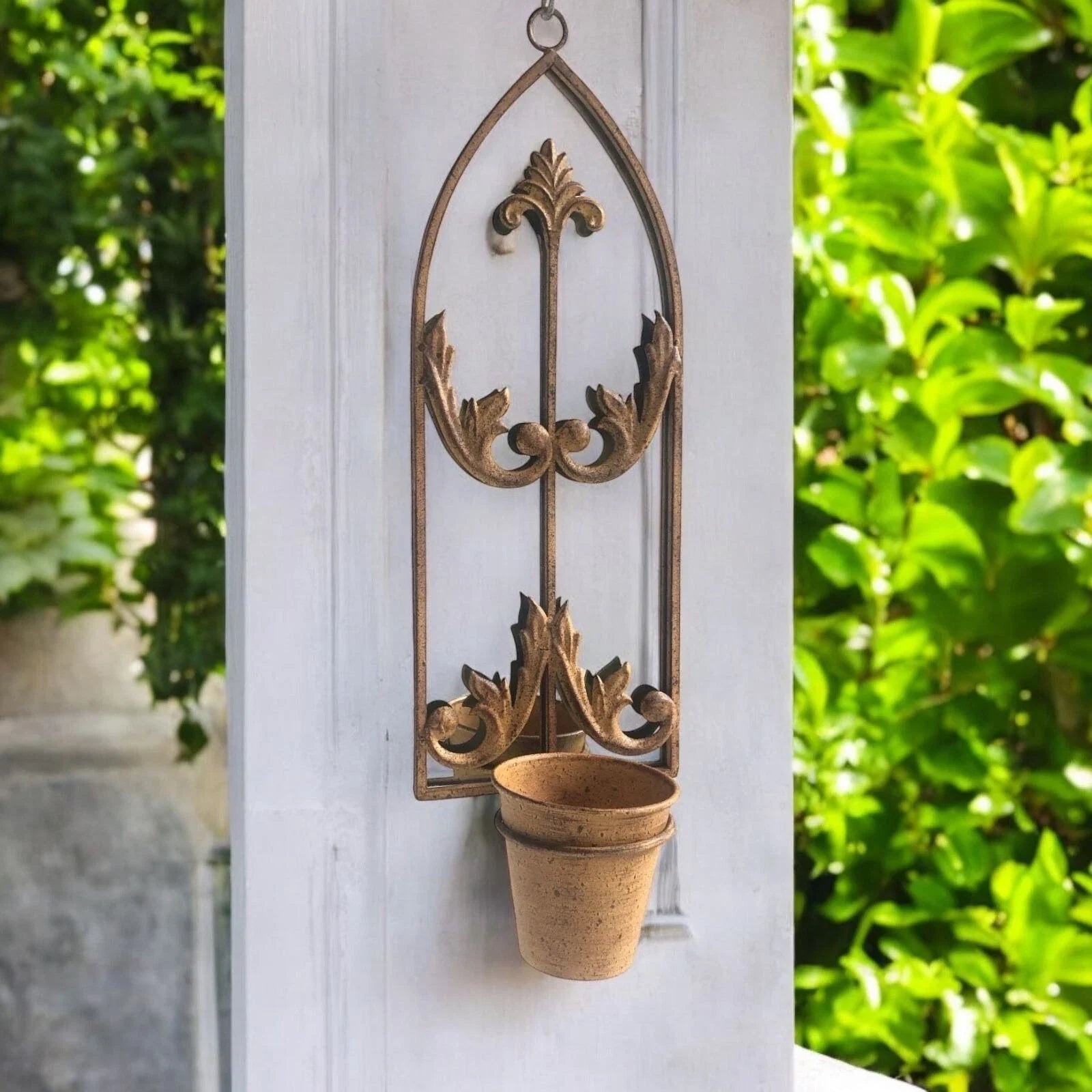 Arched Garden Wall Mirror with Planter Flower Pot Rusty Metal Rustic Outdoor Use